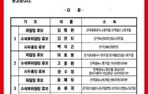 [민주노총 임원선거] 민주노총 9기 위원장-수석부위원장-사무총장 후보자 확정 공고 사진