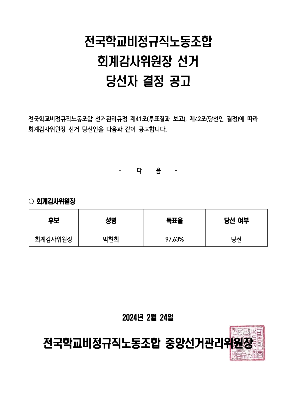 전국학교비정규직노동조합 회계감사위원장 선거 당선자 결정 공고 사진