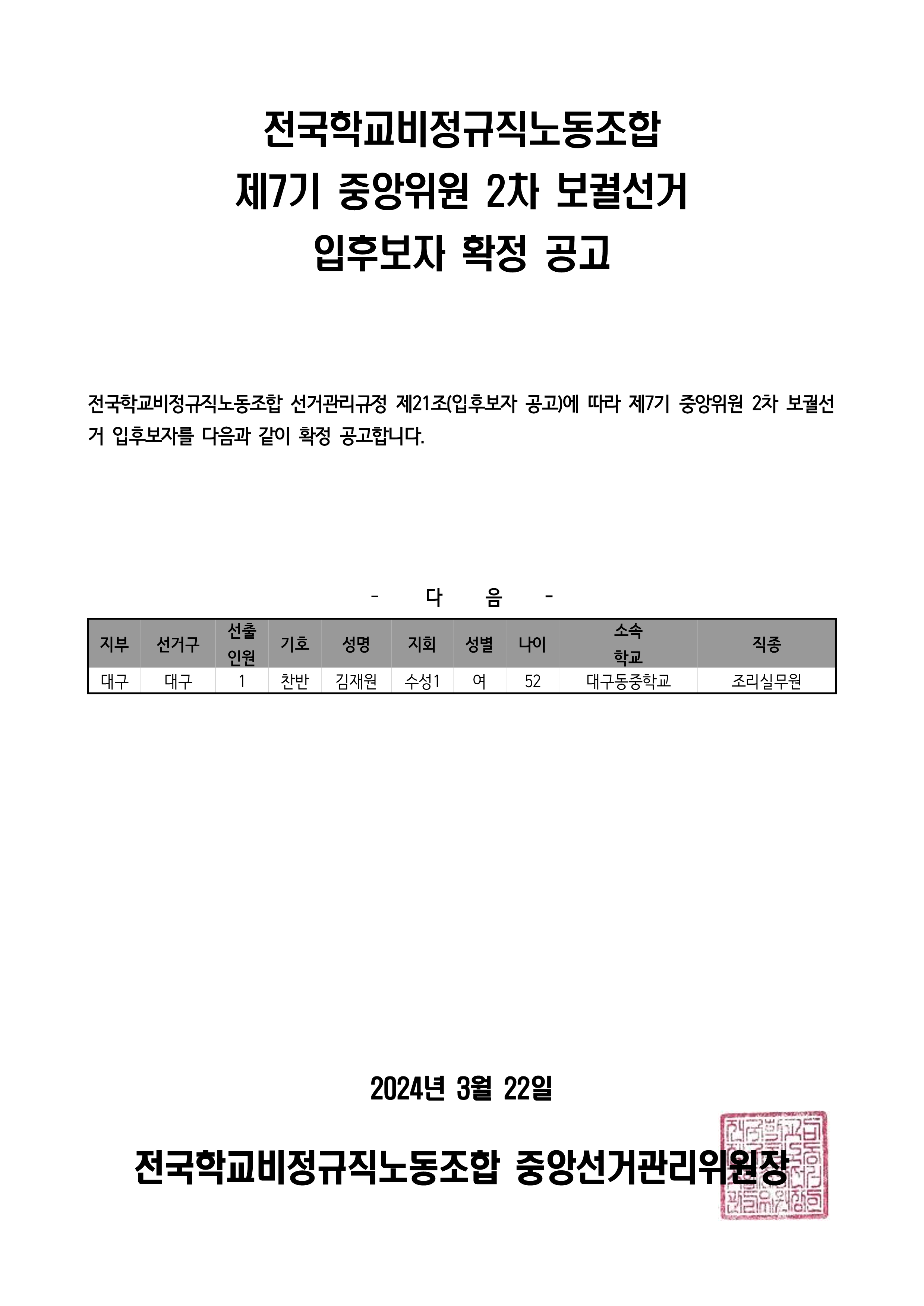 제7기 중앙위원 2차 보궐선거 입후보자 확정 공고 사진