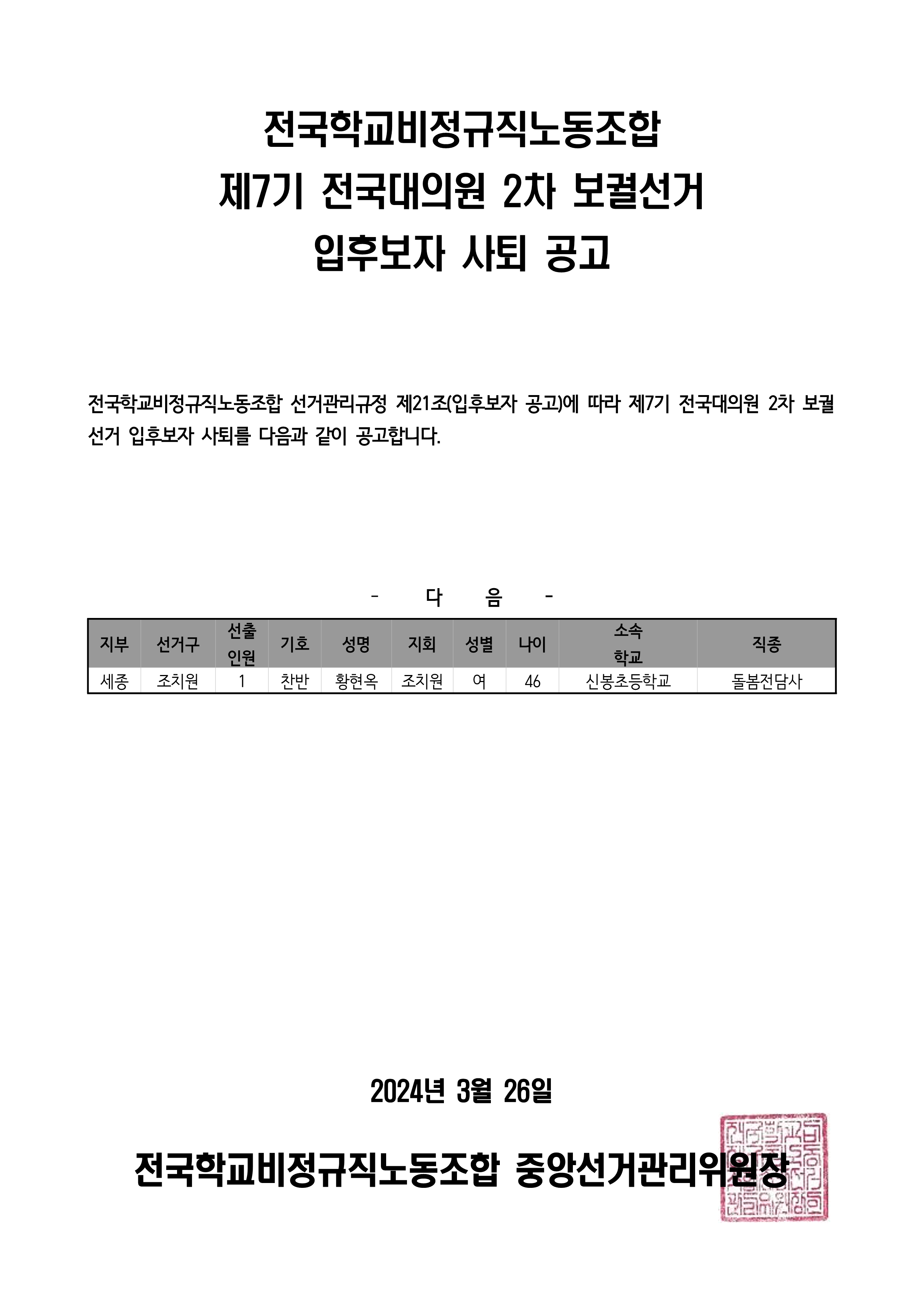 제7기 전국대의원 2차 보궐선거 입후보자 사퇴 공고 사진