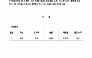 제7기 2차 전국동시보궐선거 중앙위원 당선자 결정 공고 사진