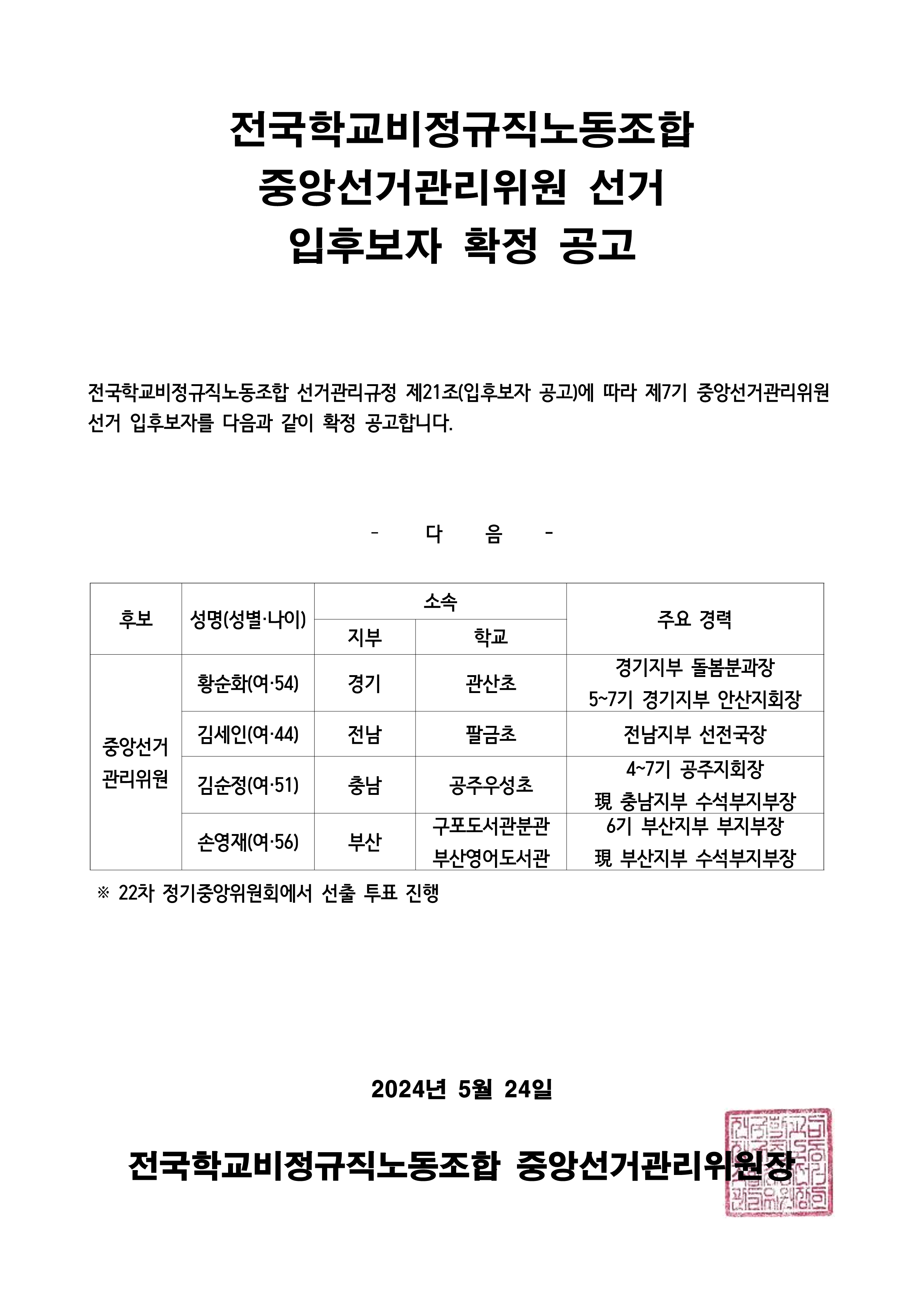 제7기 중앙선거관리위원 선거 입후보자 확정 공고 사진